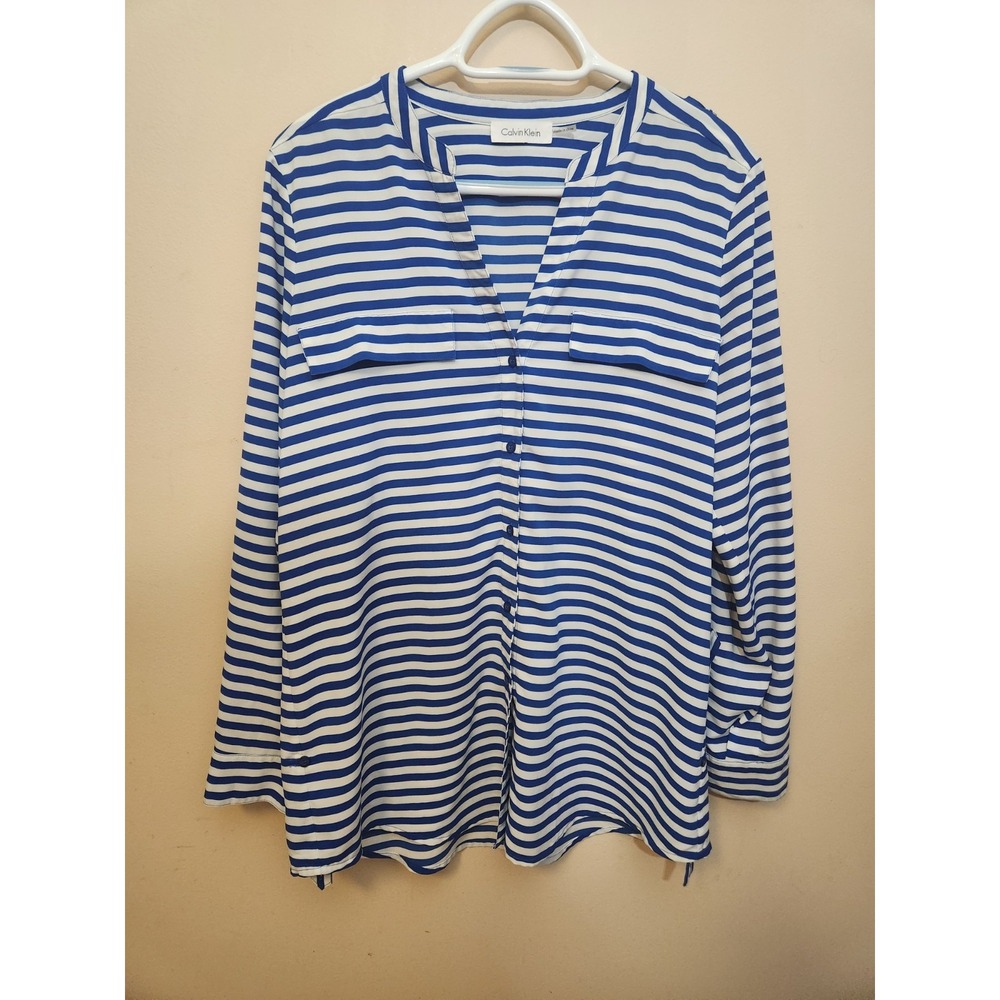 Woman's Calvin Klein Long Sleeve Blue and White Stripe utton Down Blouse Size sm